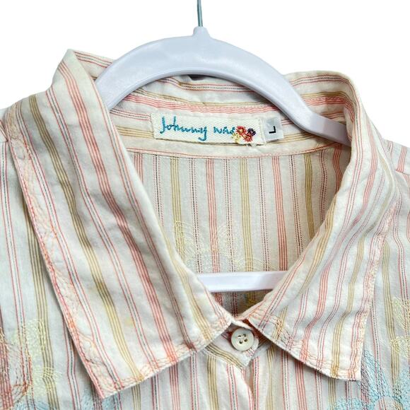 Johnny Was Button Up Top Pink L Long Sleeve Embroidered Collared Stripes Floral - Picture 6 of 12